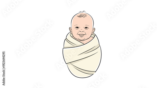 Adorable newborn baby with a happy smiling expression wrapped snugly in a cream-colored soft swaddle blanket on a white background.