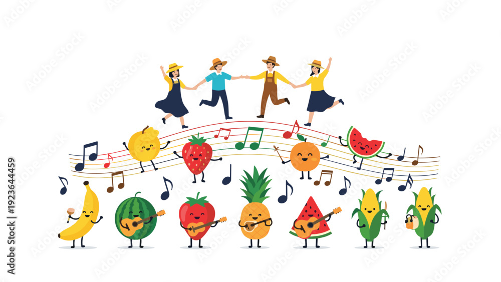 Naklejka premium Whimsical scene with people dancing on musical notes and various happy fruits playing instruments like guitars and maracas below.