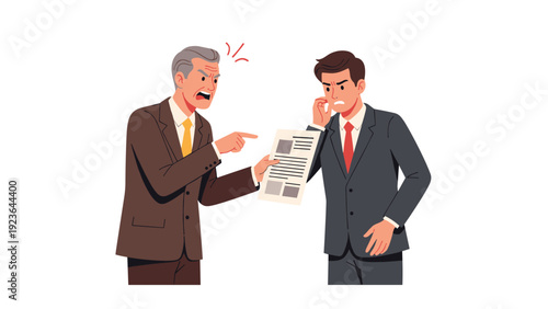 Angry older boss in a brown suit shouting and pointing his finger at a younger stressed employee who is holding a document.
