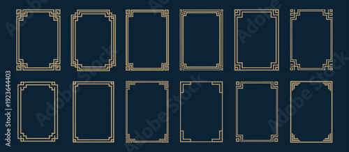 gold geometric photo frame set, collection of glowing golden rectangular borders and vintage elegant decorative elements for luxury wedding invitations and card designs.