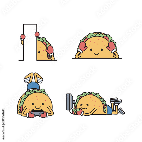 Cute cartoon dog sleeping and dancing with blue bow tie on white background