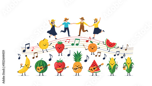 Whimsical scene with people dancing on musical notes and various happy fruits playing instruments like guitars and maracas below.