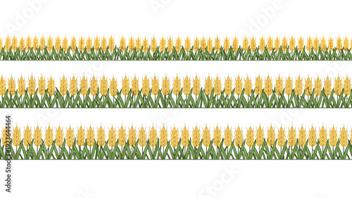 Repeated rows of golden wheat stalks with green leaves creating a seamless agricultural pattern representing harvest and food source.
