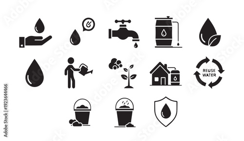 Water conservation icons for eco friendly business and sustainable living