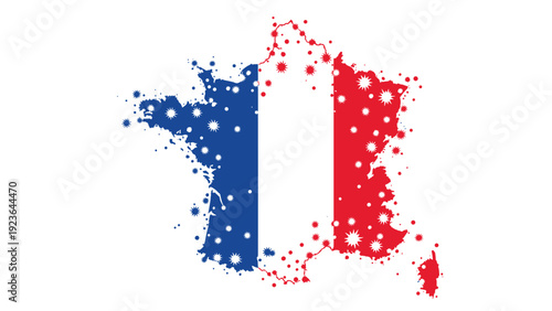 Silhouette of the map of France filled with its national flag colors and covered with white virus symbols representing an outbreak.