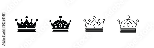 Crown Icon Set – Royal King and Queen Crowns Outline and Solid Black Vector Collection