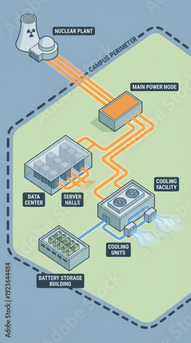 Nuclear plant main power node feeding server halls and data center with cooling units and battery storage, efficient energy flow illustration