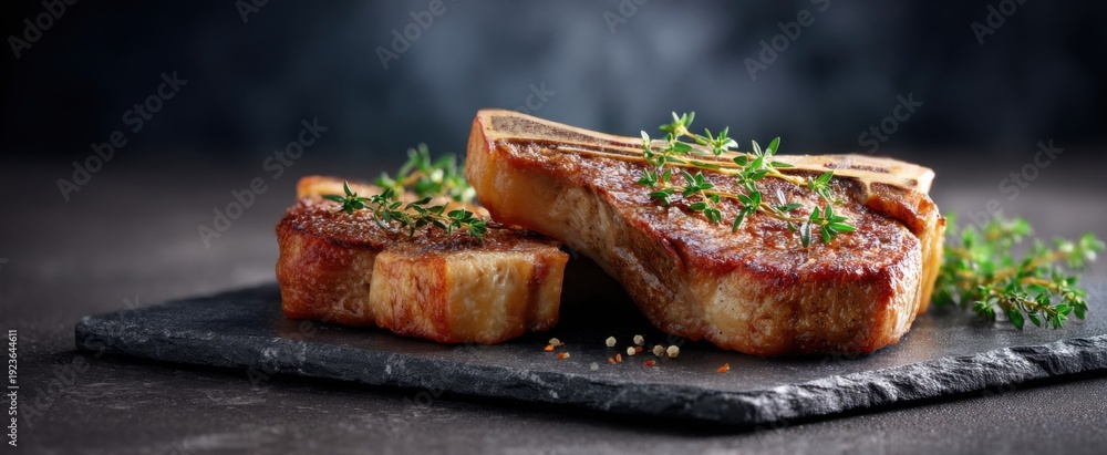 Fototapeta premium T-bone steaks with thyme on a rustic slate platter against a dark backdrop.
