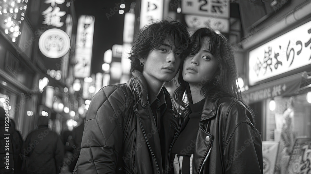 Obraz premium A Stylish Couple Captured Under Neon Tokyo Lights