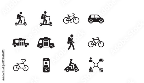 Transportation icons set including vehicles and cyclists