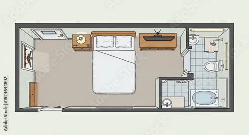 Detailed bedroom floor plan with furniture arrangement and bathroom layout.
