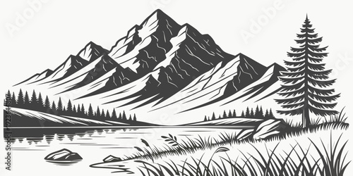 Deep Teal Linocut Lakeside Landscape with Sun, Mountains and Trees