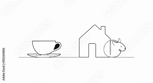 Minimalist illustration of a coffee cup and a house with a pet