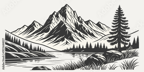 Deep Teal Linocut Lakeside Landscape with Sun, Mountains and Trees