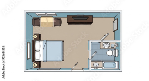 Room layout with furniture arrangement, including a bed, sofa, and bathroom.