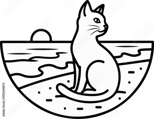 Minimalist line art depicts a cat sitting on a beach with a setting sun over water