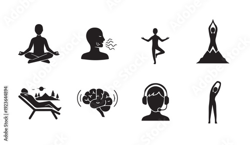 Set of black wellness icons featuring yoga and meditation