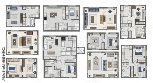 Architectural floor plans showcasing diverse interior design layouts and room arrangements for homes.