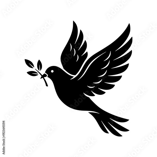 Black Dove Silhouette Carrying Olive Branch Peace Symbol