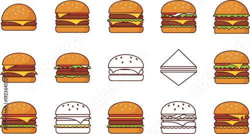 Burger Variations Collection with Cheeseburger, Hamburger and Layered Fast Food Sandwich Set Isolated on White Background