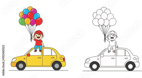 Cute cartoon boy sitting on a yellow car holding colorful balloons, alongside a black and white outline version for a coloring book page. Vector illustration.