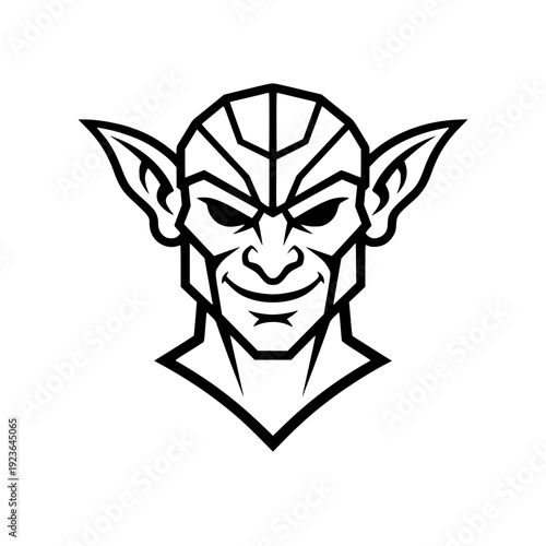 Vector head of a goblin or orc in minimalist black line art style.