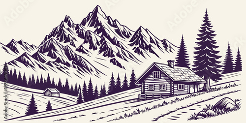 Vintage Woodcut Style Maroon-Purple Mountain Village with Pine Forest