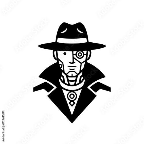 Vector cyborg detective character with fedora hat in cyberpunk noir style.