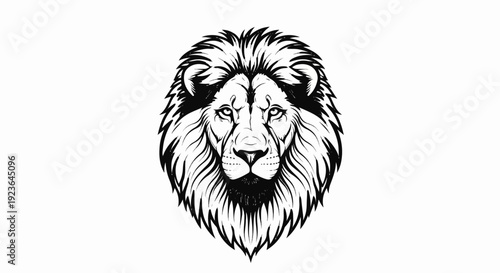 Majestic lion head with fierce eyes and flowing mane, black ink sketch