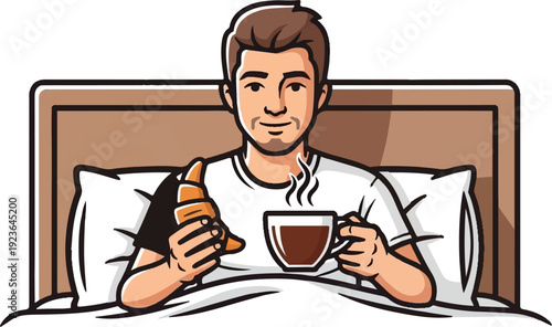 Man in bed with coffee and croissant