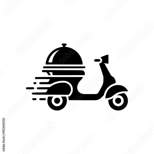 Fast food delivery scooter icon with food cloche silhouette.