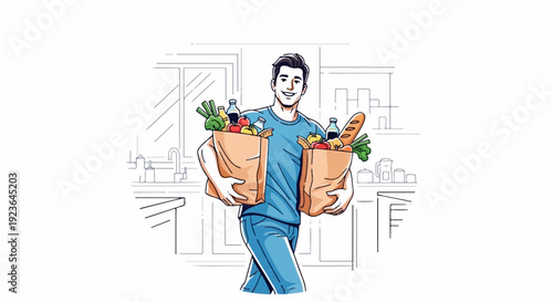 Man in blue shirt and jeans happily carries two grocery bags filled with food