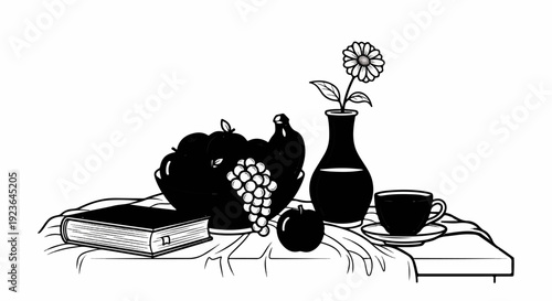 Line art still life of fruit, a book, a vase with a flower, and a cup of coffee