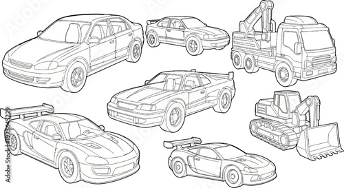 Line art sketches of various vehicles, including cars and construction equipment