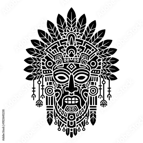 Ancient Mayan Tribal Mask Vector Illustration with Feather Headdress