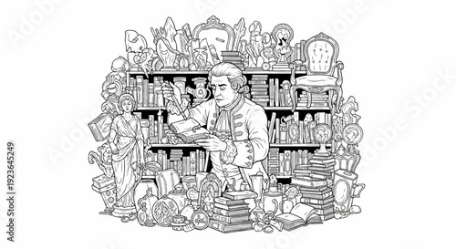 Man in historical attire studies a book amidst a crowded library of artifacts