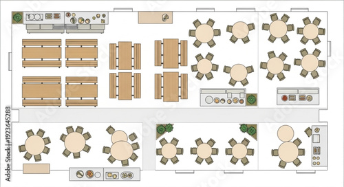 Restaurant floor plan with various tables and seating arrangements for customers.