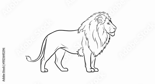 Majestic lion with flowing mane stands in profile, detailed linework
