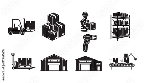 Warehouse operations with forklifts, workers, and inventory management