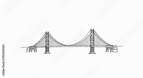 Iconic suspension bridge drawing with dramatic towers and cable lines