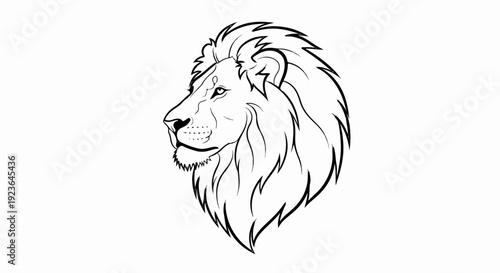 Majestic lion head in profile, black ink sketch with flowing mane