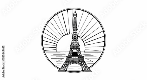 Iconic tower at sunset with radiating lines and rippling water