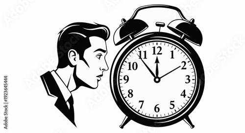Man in suit looks at vintage alarm clock at near midnight