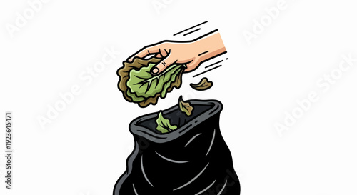 Hand discarding wilted salad greens into a black bag