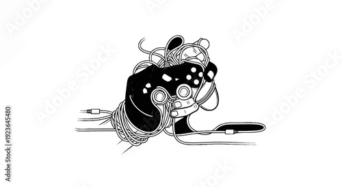 Hand entangled with gaming controller and tangled wires