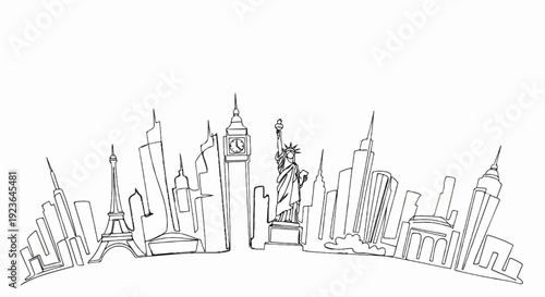 Iconic world landmarks depicted in a minimalist, continuous line drawing style