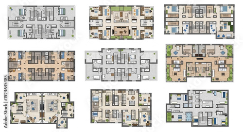 Architectural floor plans showcasing residential building layouts and apartment designs.