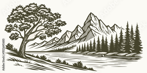 Deep Teal Linocut Lakeside Landscape with Sun, Mountains and Trees