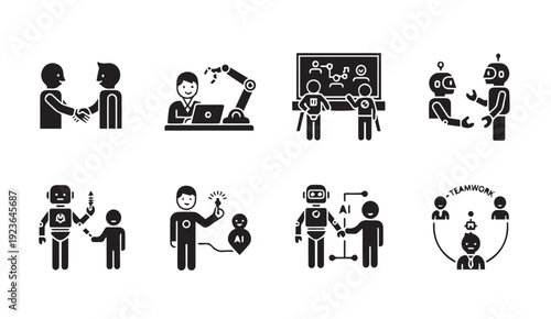 Modern icons showing human-robot collaboration and teamwork