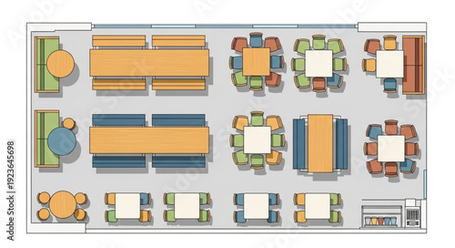 Restaurant layout with various tables and seating arrangements for customers.